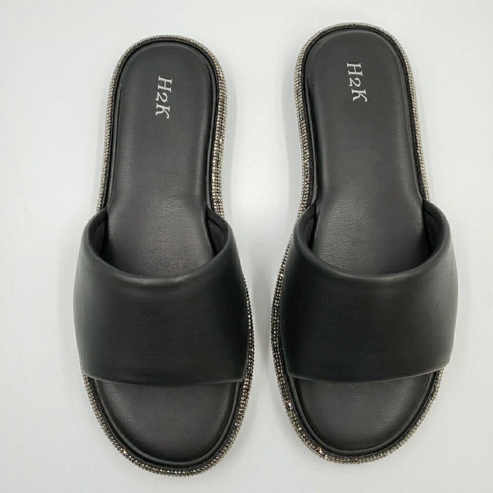 Womens Black Rhinestone Slides Open Toe Sandals Flip Flops Slipper Summer Shoes