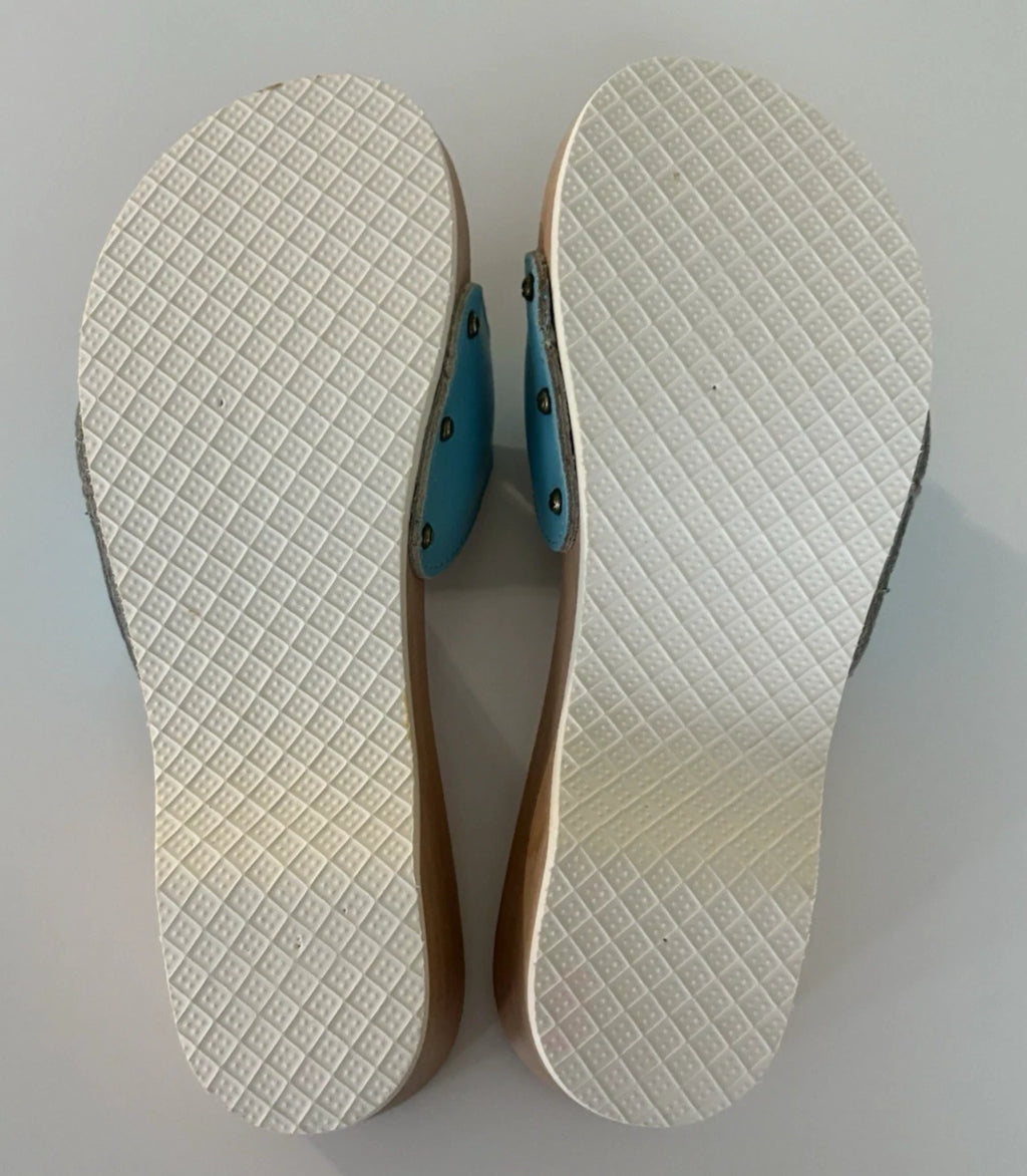 Dr. Scholl's The Original Wooden Sandals Slides Aqua Blue Leather Size 7 Italy