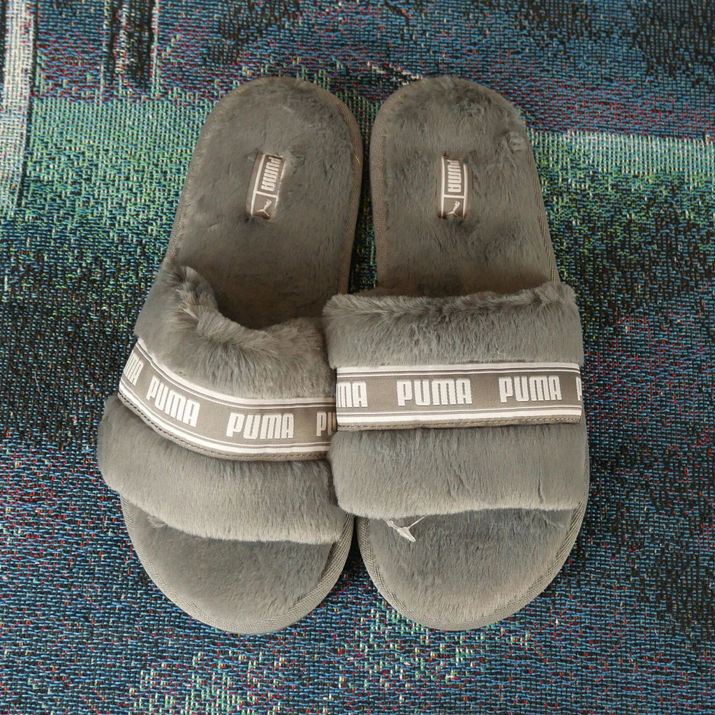Women's Puma Fluff Faux Fur Flip Flops Gray Fashion Fenty