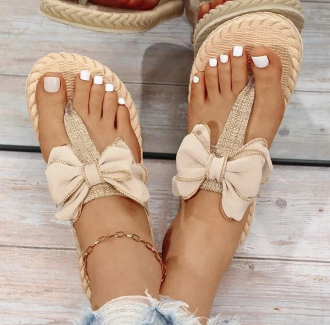 Flip Flop Thong Sandals Fashion Slides Bow Decor Khaki Size 41 US 9-9.5