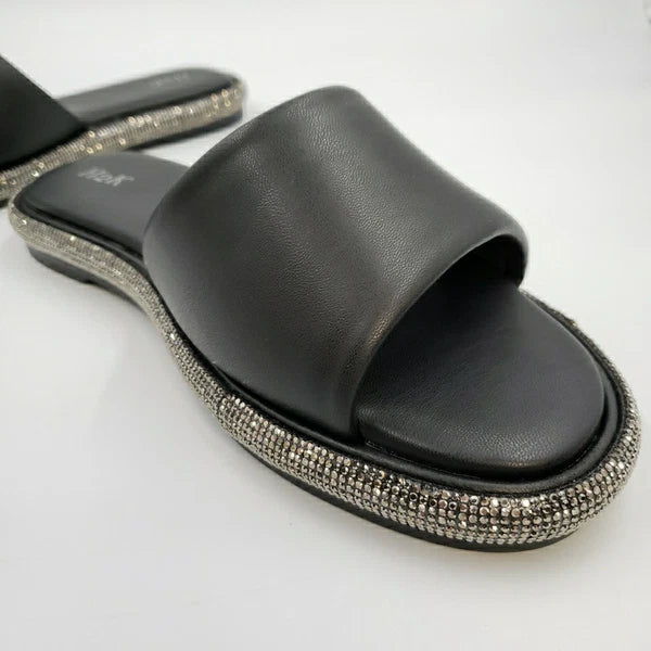 Womens Black Rhinestone Slides Open Toe Sandals Flip Flops Slipper Summer Shoes