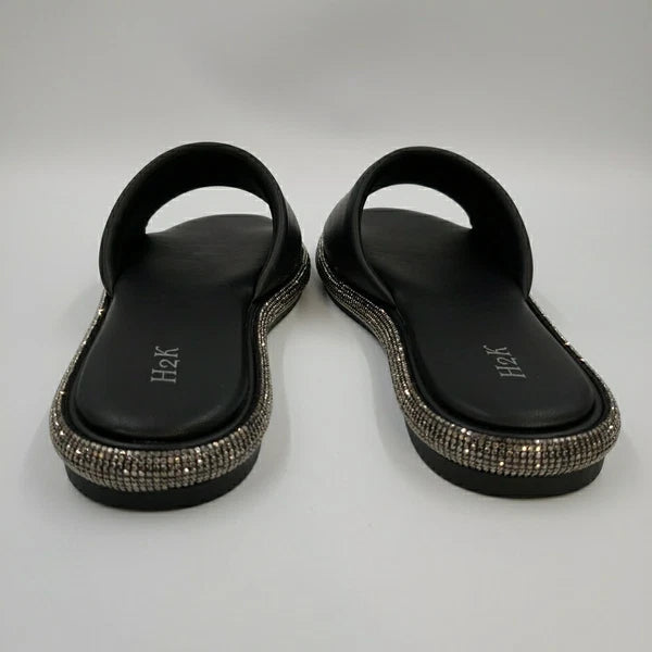 Womens Black Rhinestone Slides Open Toe Sandals Flip Flops Slipper Summer Shoes