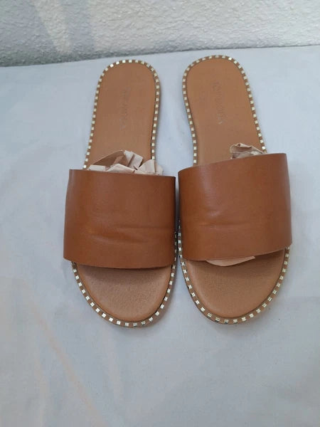 TOP Moda Tan Slides Women Open Toe Flat Fashion Sandals