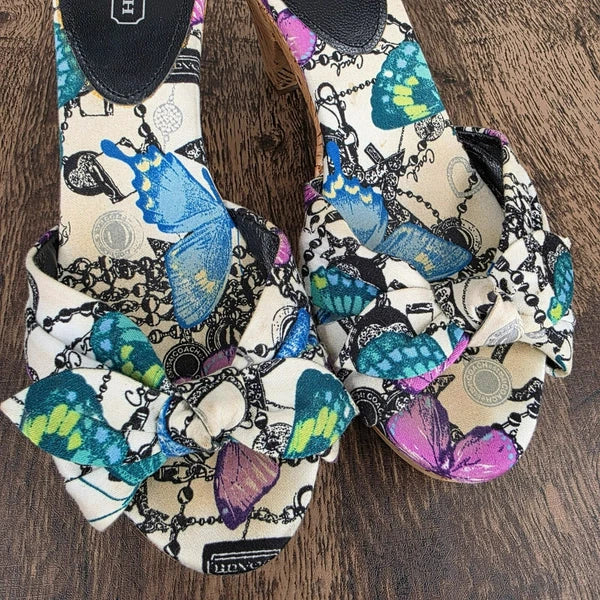 Coach Karen Heels Sandals 7 Y2K Colorful Butterfly Print Cork Bow Slide On Mules