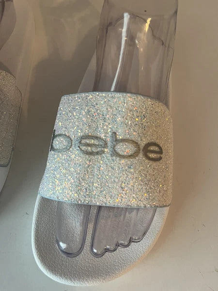 Bebe Women’s White Slide Fashion Sandals Flats Size 10, Glitter. NWOT. Fast Ship