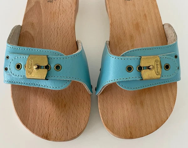 Dr. Scholl's The Original Wooden Sandals Slides Aqua Blue Leather Size 7 Italy