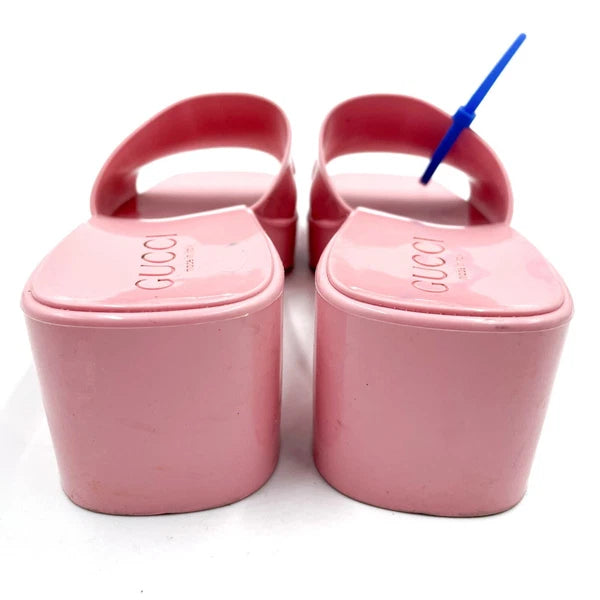 Gucci Rubber Slide Sandals Pink Logo Square Open Toe Block Heel Mules Sz 36 / 6