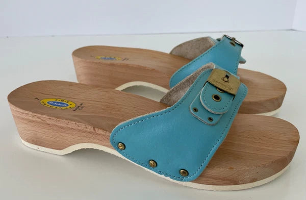 Dr. Scholl's The Original Wooden Sandals Slides Aqua Blue Leather Size 7 Italy