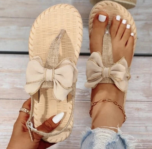 Flip Flop Thong Sandals Fashion Slides Bow Decor Khaki Size 41 US 9-9.5
