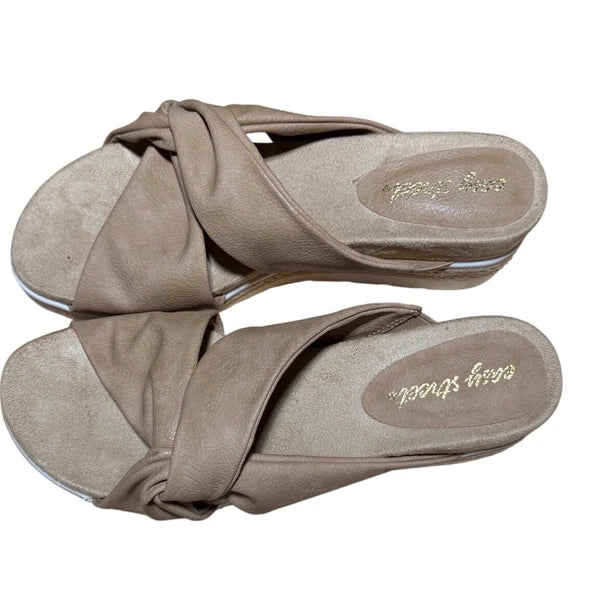 Easy Street Women's Sandals Slides Tan Twist Knot Espadrille Wedge Size 8M