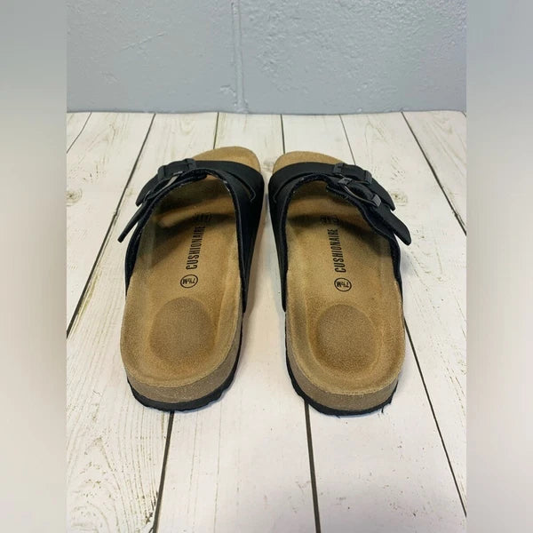 Cushionaire Lane Cork Footbed Slide Sandal Black Buckles Women's Size 7.5