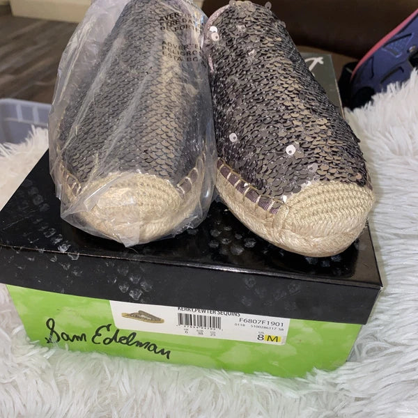 Sam Edelman Kerry Slip On Espadrille Slide Mule Flats Pewter Sequins Size 8 NIB