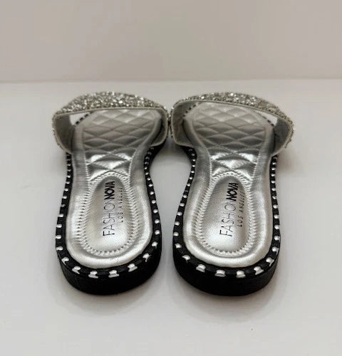 Fashion Nova Let Me See You Glitter Slides in Silver Women's Size 11 NIB