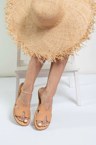 Ancient Greek style natural beige flat real leather h slide sandals handmade