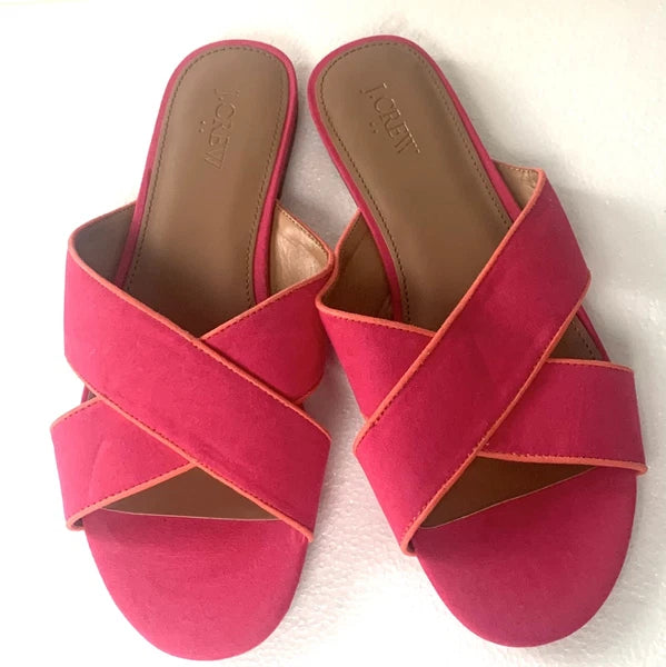 J. Crew Pink Sandals Slip On Slides Flat Criss Cross Faux Suede Women’s Size 9