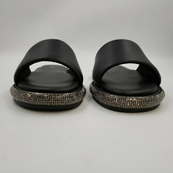 Womens Black Rhinestone Slides Open Toe Sandals Flip Flops Slipper Summer Shoes