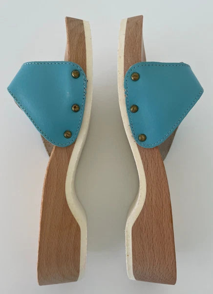 Dr. Scholl's The Original Wooden Sandals Slides Aqua Blue Leather Size 7 Italy