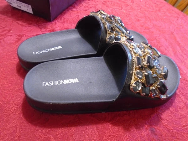 Fashion Nova "Mystery 1" Black Embellished Women's Slides Sandals Size 6 NIB