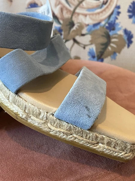 NEW Gaimo Baby Blue Suede Wedge Heels Slide On Strap Espadrille Sandals Sz 38