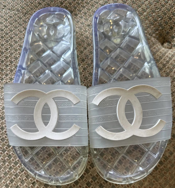 Chanel Clear Pool Slides White Logo Size 41 Transparent Jelly Sandal