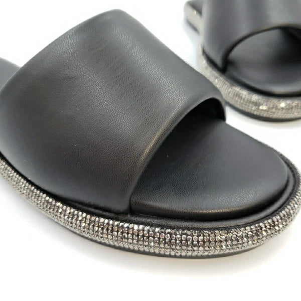 Womens Black Rhinestone Slides Open Toe Sandals Flip Flops Slipper Summer Shoes