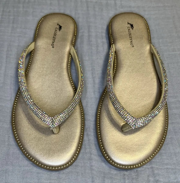 caloleyng Womens Microfiber Leather Dress Flat Sandals Summer Fashion Slide Gold