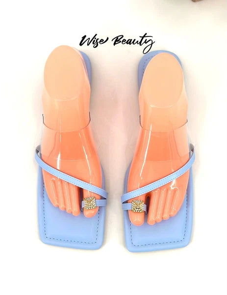 Cape Robbin Toe Ring Slide Sandals Women’s Size 9 Flats Blue Clear Gold NEW