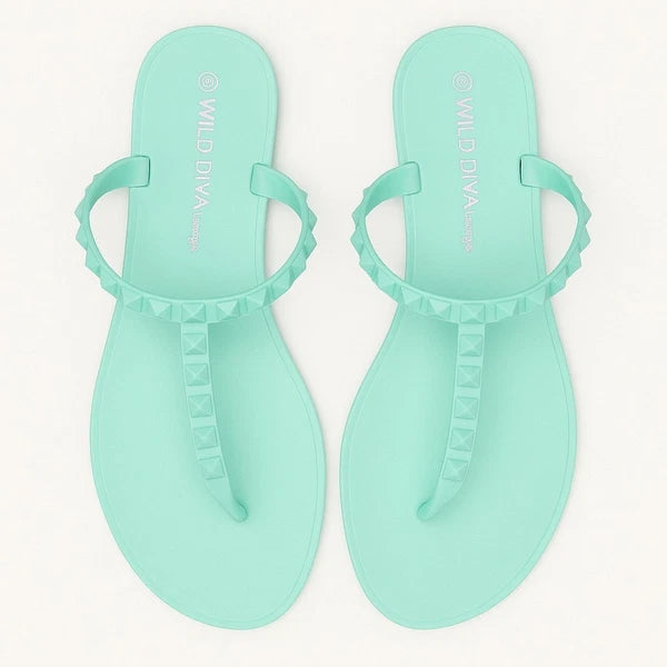 New 6 Fashion Nova Mint Green Studded T-Strap Matte Slide Sandals Pastel Flats