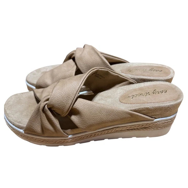 Easy Street Women's Sandals Slides Tan Twist Knot Espadrille Wedge Size 8M