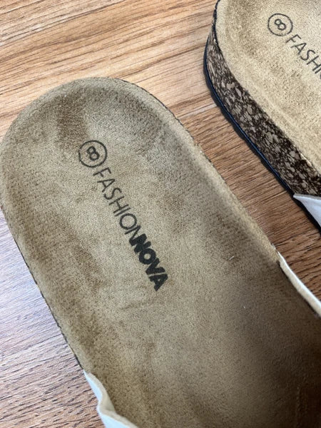 Fashion Nova True Statement Flat Cork Sandals White Slides Size 8 Women's NEW