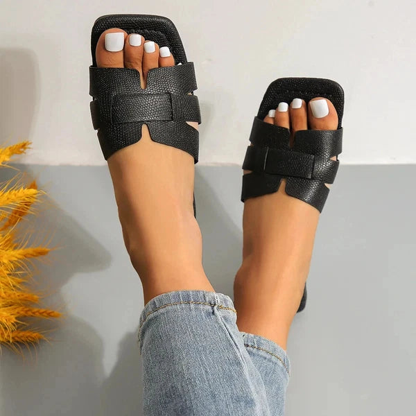 Women's Solid Color Slide Sandals, Lightweight Square Open Toe Slip On Shoes