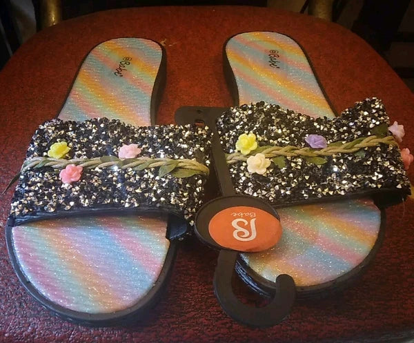 Babe's Rainbow Floral Black Fashion Women's Slides Slippers Size 6 (BRAND NEW)