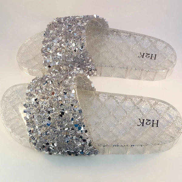 H2K CANDY Silver Color Glitter Beads Fashion Slides Flip Flops Sandals Bling