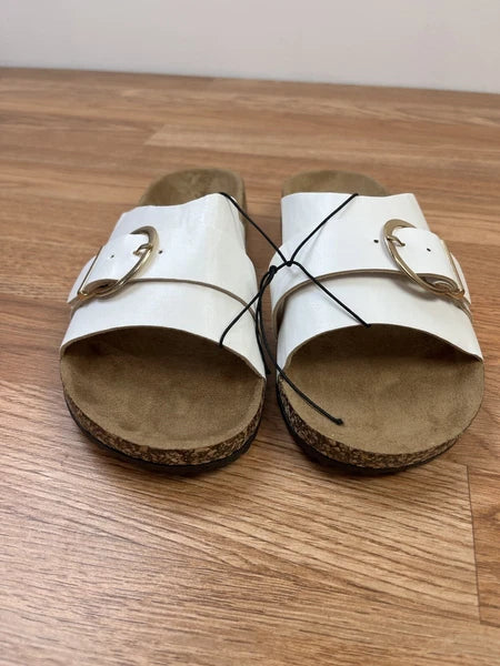 Fashion Nova True Statement Flat Cork Sandals White Slides Size 8 Women's NEW