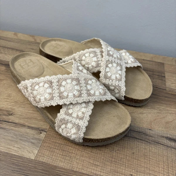 Haute Hippie Floral Embroidery Crochet Style Criss Cross Sandals 9 M