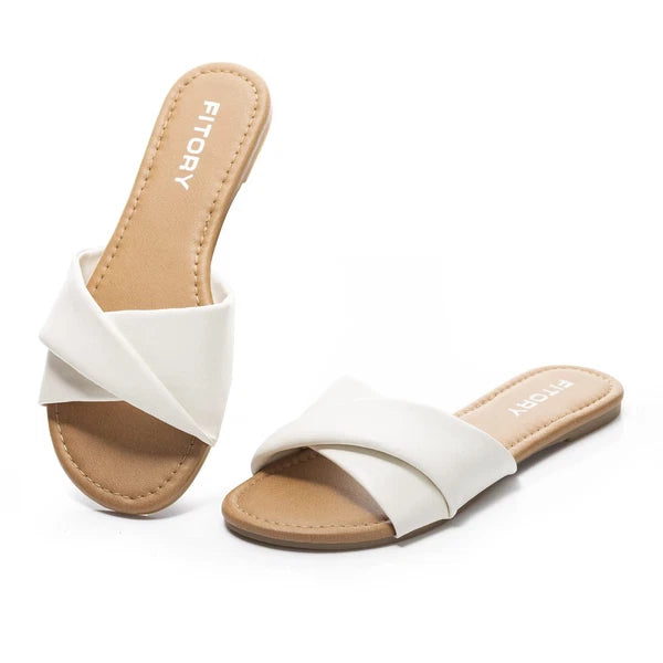 FITORY Women's Flat Sandals Soft Leather Fashion Slides White Size 6