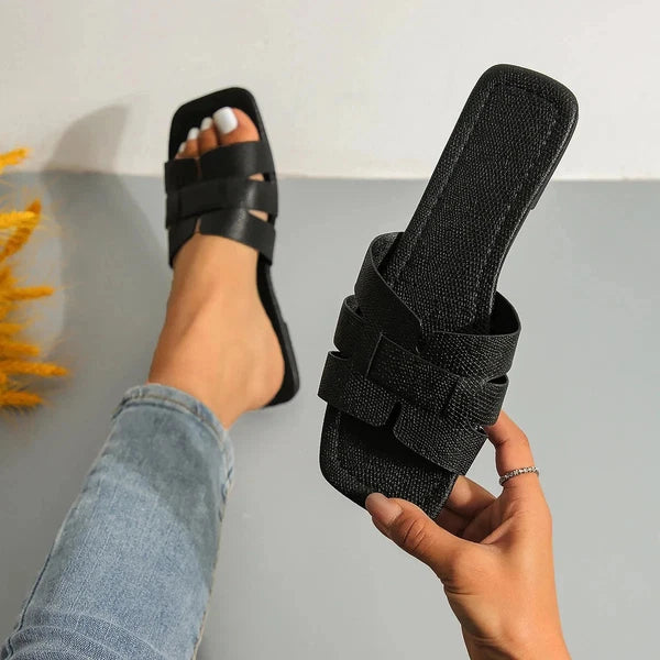 Women's Solid Color Slide Sandals, Lightweight Square Open Toe Slip On Shoes