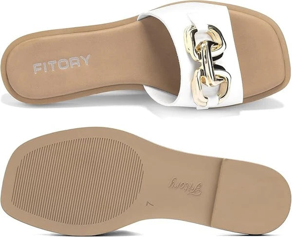FITORY Women's Flat Sandals Fashion Slides Soft Leather Slippers Summer Size 11