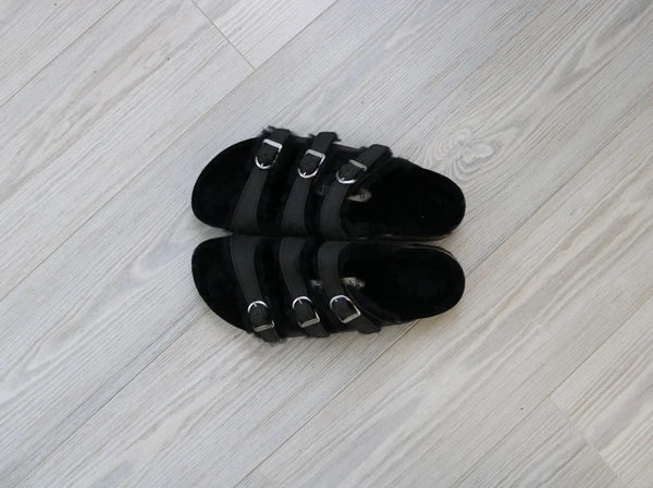 Birkenstock Florida Triple Strap Black Sandals Fur Lined EU 41 US W 10 US M 8.5