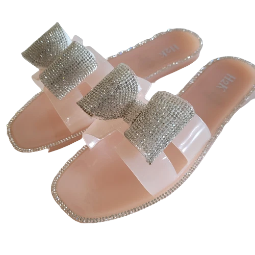 H2K Lucia Nude Fashion Jelly Slides Flip Flops Bow Sandals Bling Open Toe New