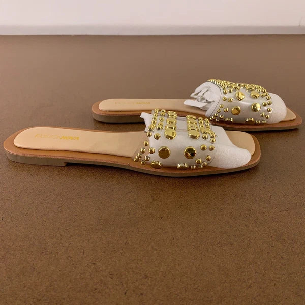 Fashion Nova Women's Shoe Size 9 Clear Gold Beaded Strap Square Toe Flat Sandals