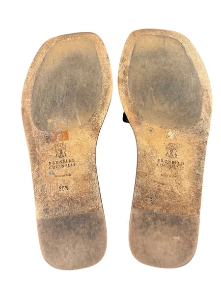 BRUNELLO CUCINELLI $895 Slide Sandal  Sparkling Monili Trim Blck Leather Sz 36.5