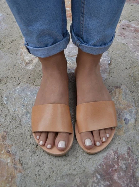 Ancient Greek style natural flat real leather slide sandals handmade minimalist