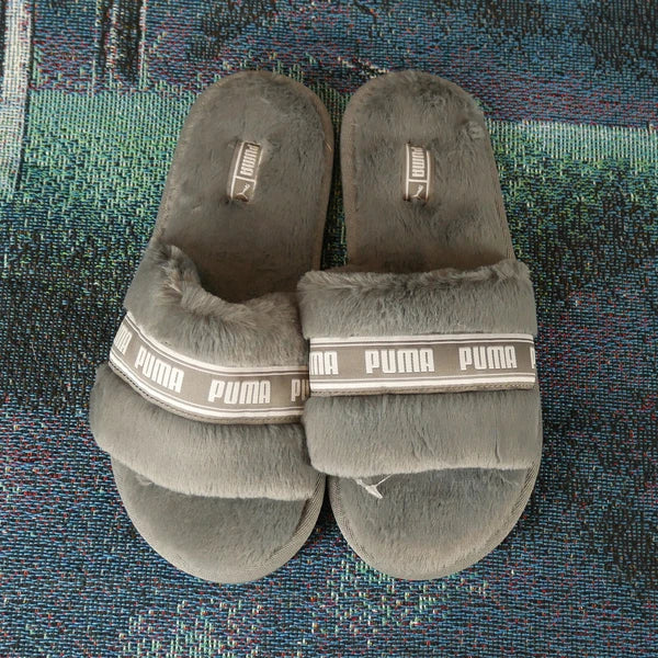 Women's Puma Fluff Faux Fur Flip Flops Gray Fashion Fenty