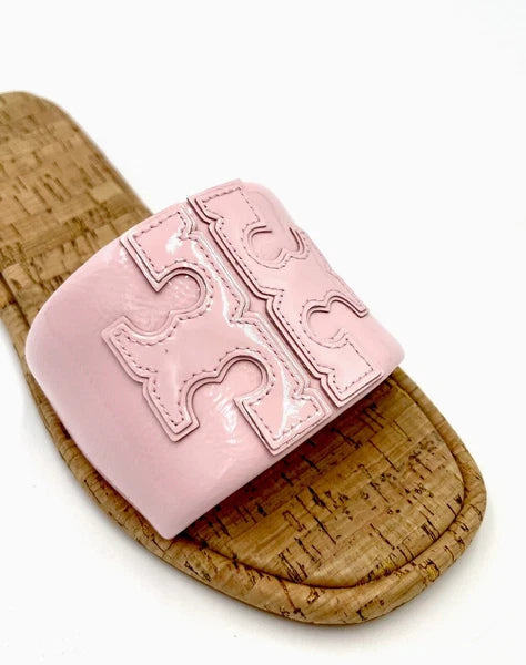 TORY BURCH DOUBLE T SPORT SLIDE SANDAL PATENT LEATHER PETUNIA/NATURAL SZ 10 NIB
