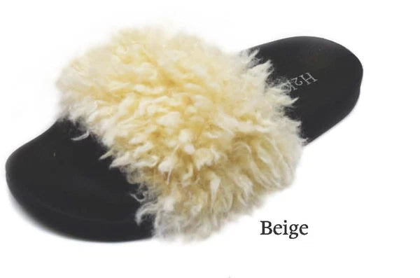 H2K Paula Beige FUZZY Fur Fashion Slides Flip Flops Sandals Slides Cozy Warm