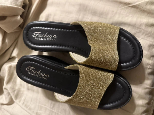 Fashion shoes wedge gold and black slide size 8