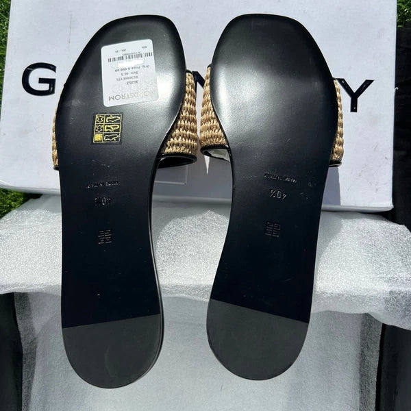 GIVENCHY 4G EMBROIDERED LOGO RAFFIA AND BLACK LEATHER SLIDE SANDALS SZ 40.5 NEW!