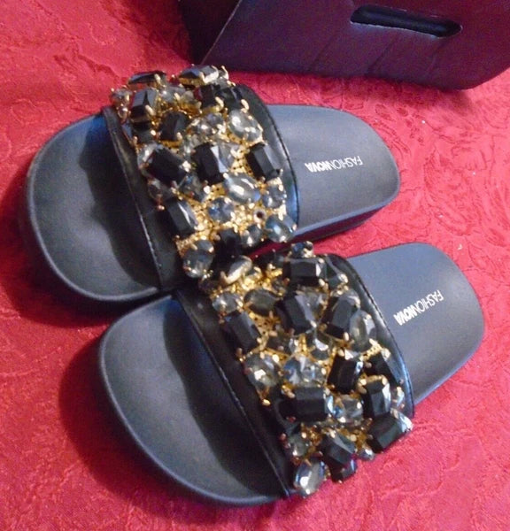 Fashion Nova "Mystery 1" Black Embellished Women's Slides Sandals Size 6 NIB