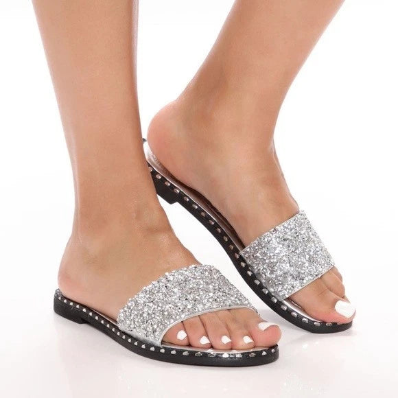 Fashion Nova Let Me See You Glitter Slides in Silver Women's Size 11 NIB